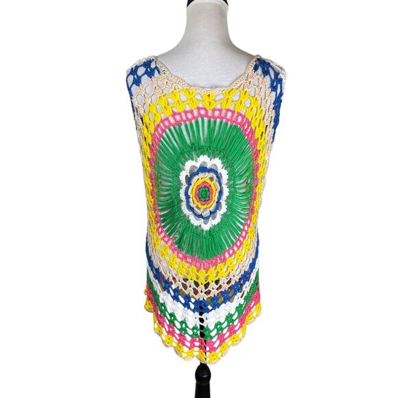 U-Style Bright Multicolor Sleeveless Open Crochet Relaxed Coverup Festival Top - Picture 5 of 10